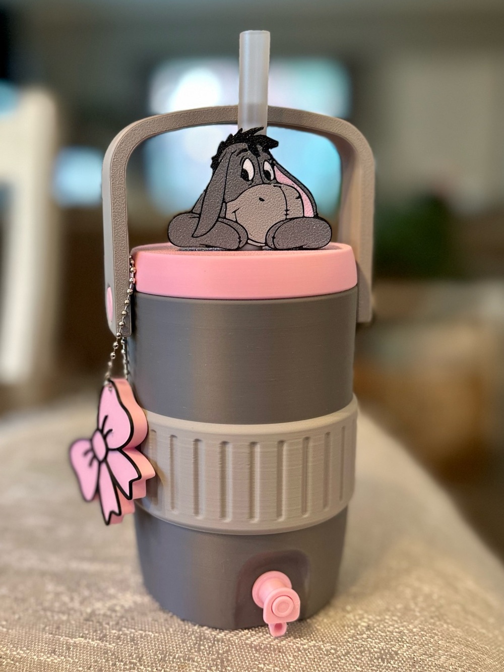 Disney Gray and Pink Eeyore Can Cooler with Straw Topper and Can Tab Opener